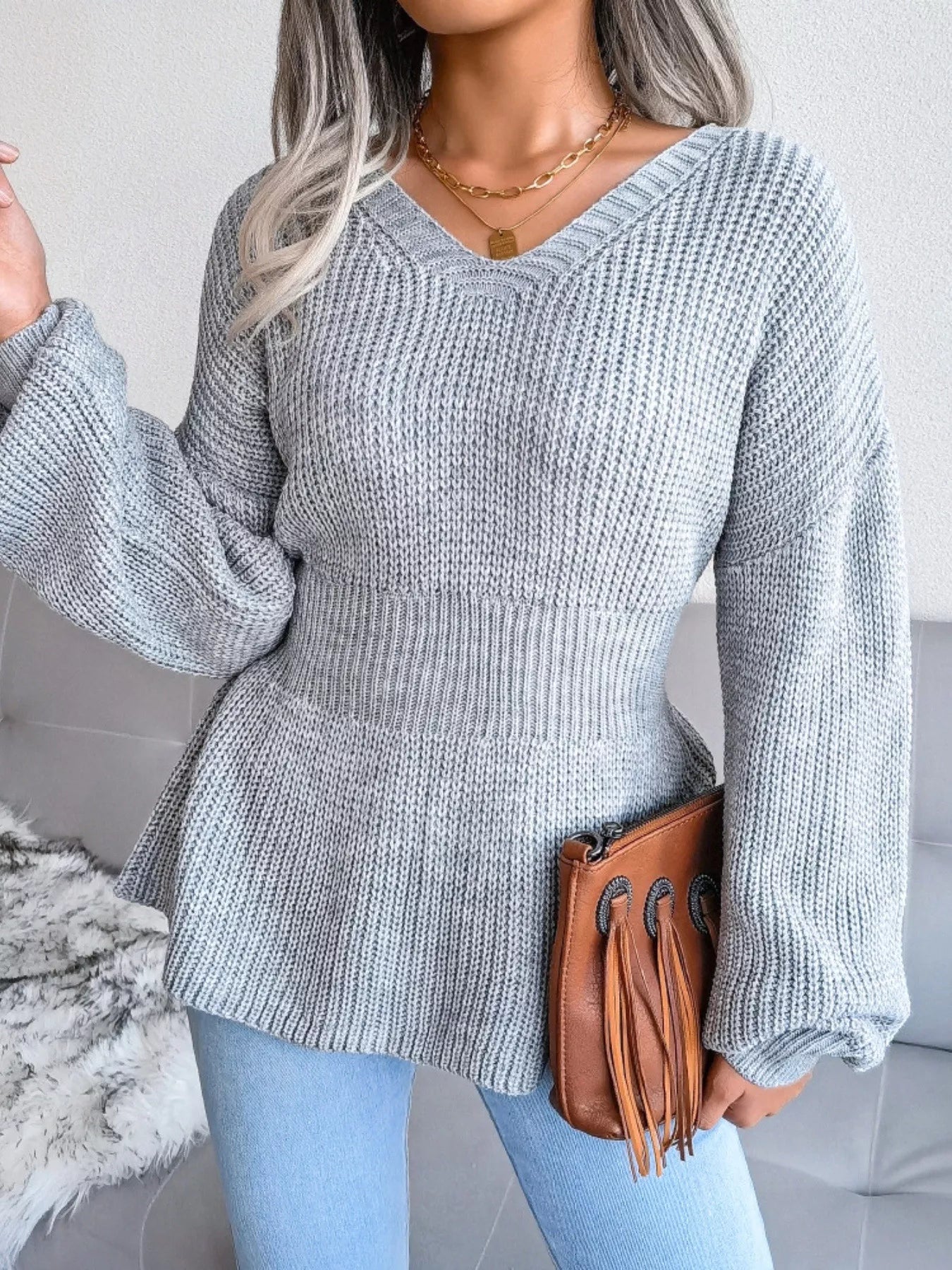 V-Neck Dropped Shoulder Sweater - Be Bliss Boutique