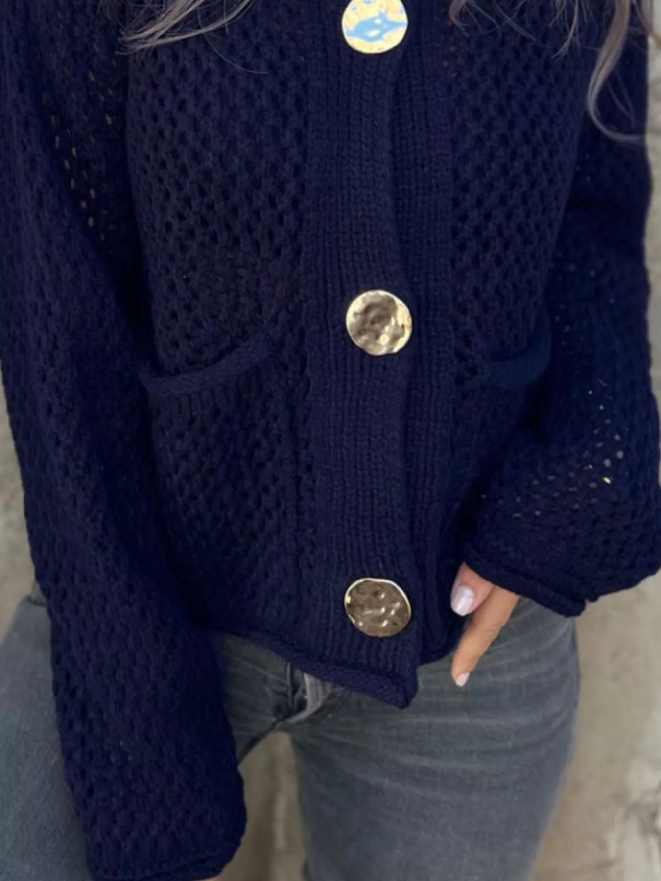 Crochet Button Up Long Sleeve Cardigan -  Be Bliss Boutique