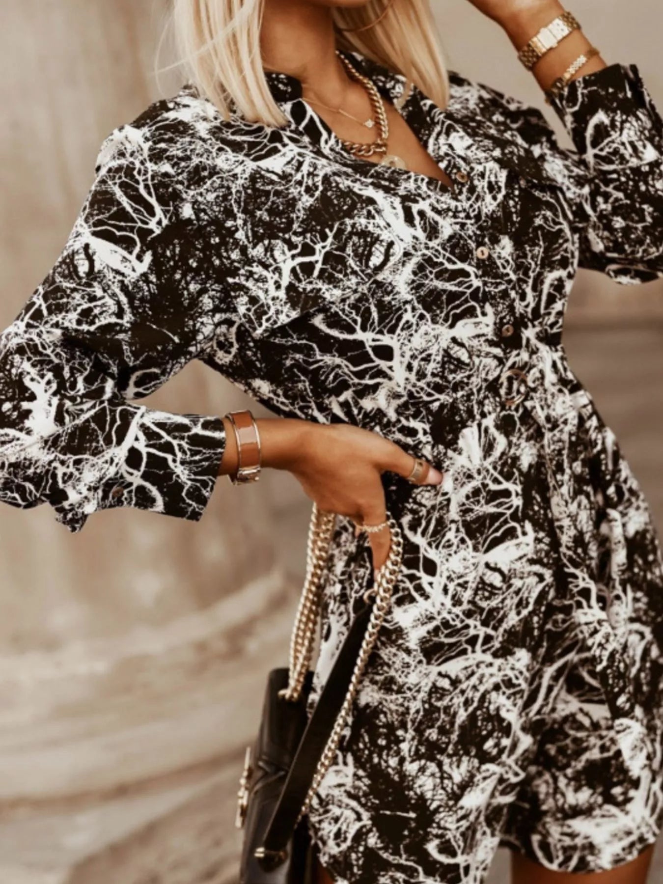Printed Button Front Long Sleeve Dress -  Be Bliss Boutique