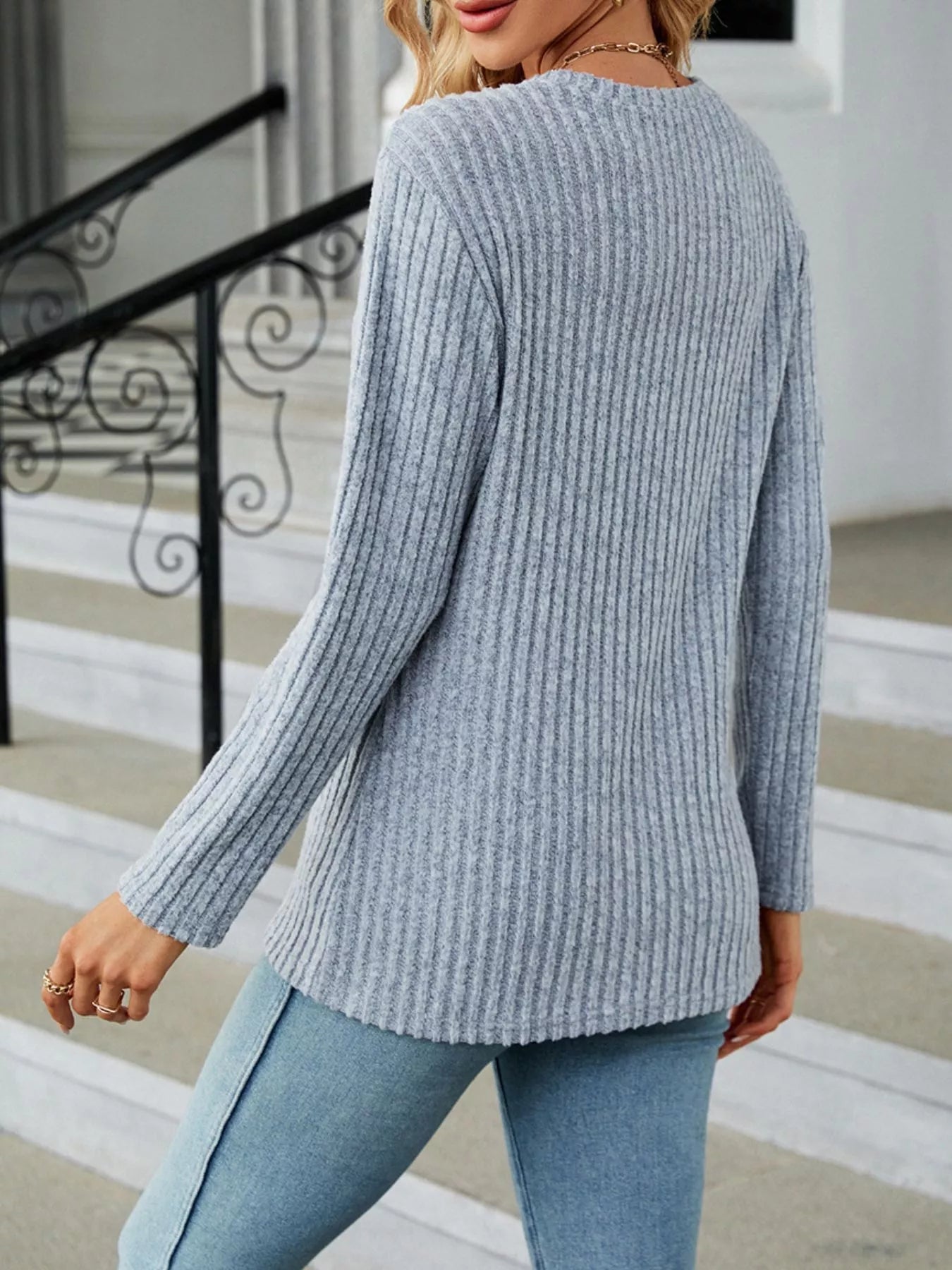 Ribbed Knit Decor Button T-Shirt -  Be Bliss Boutique