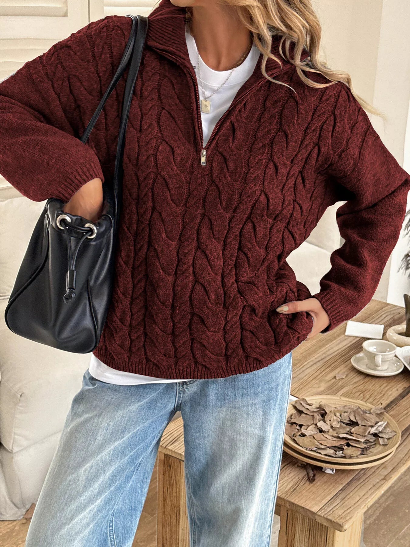 Zip Collar Cable-Knit Sweater -  Be Bliss Boutique