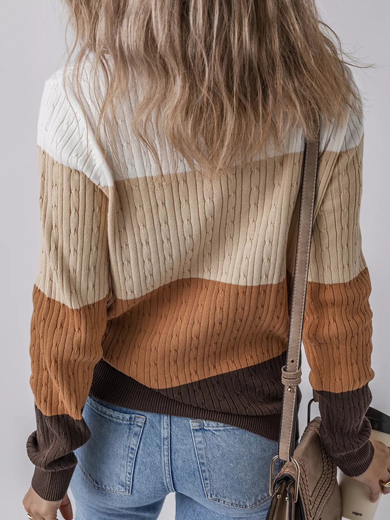 Colorblock Cable Knit Round Neck Sweater - Be Bliss Boutique