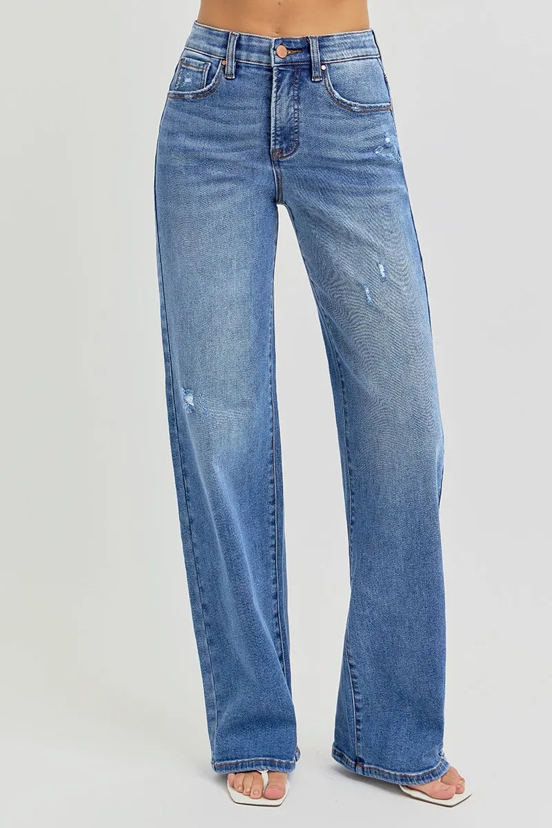 Full Size Tummy Control Elastic Band High Rise Wide RISEN Jeans -  Be Bliss Boutique