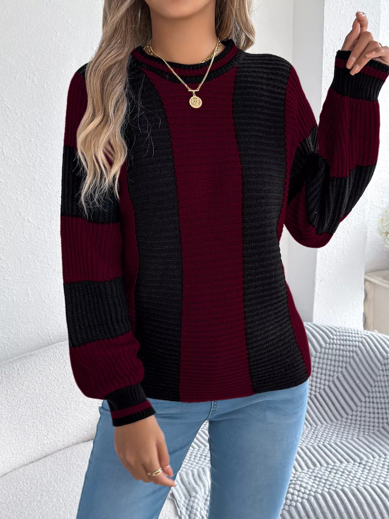 Color Block Round Neck Sweater - Be Bliss Boutique