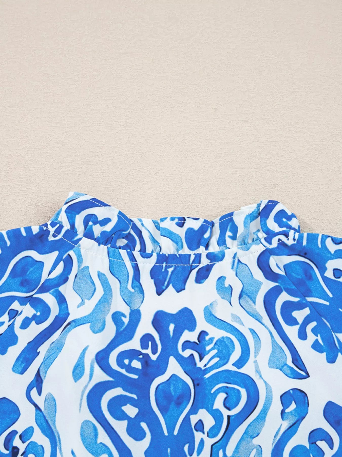 Printed Tie Split Neck Button Front Puff Sleeve Shirt -  Be Bliss Boutique
