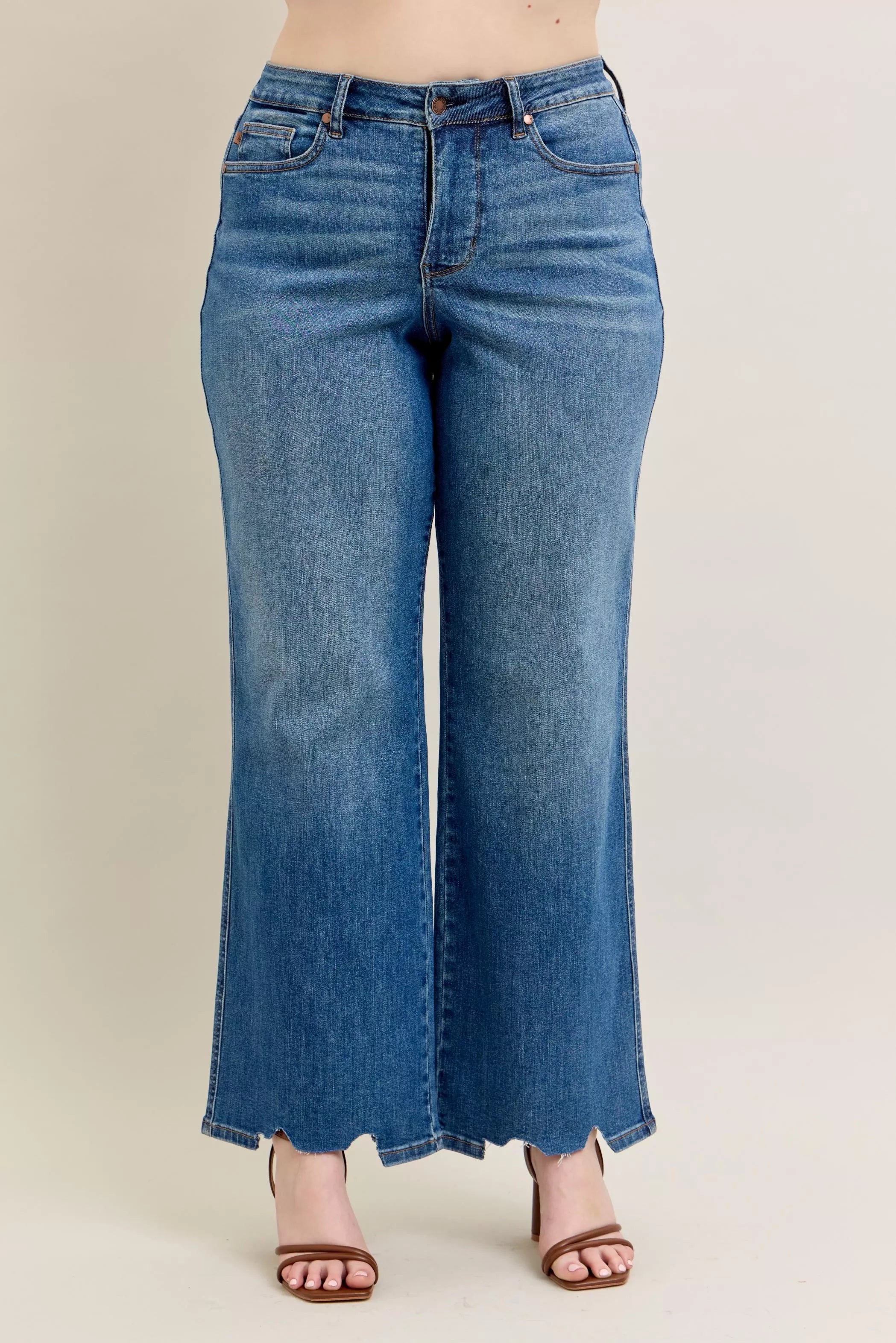 Judy Blue Full Size High Waist Tummy Control Chew Hem Destroy Wide Jeans Plus Size - Be Bliss Boutique