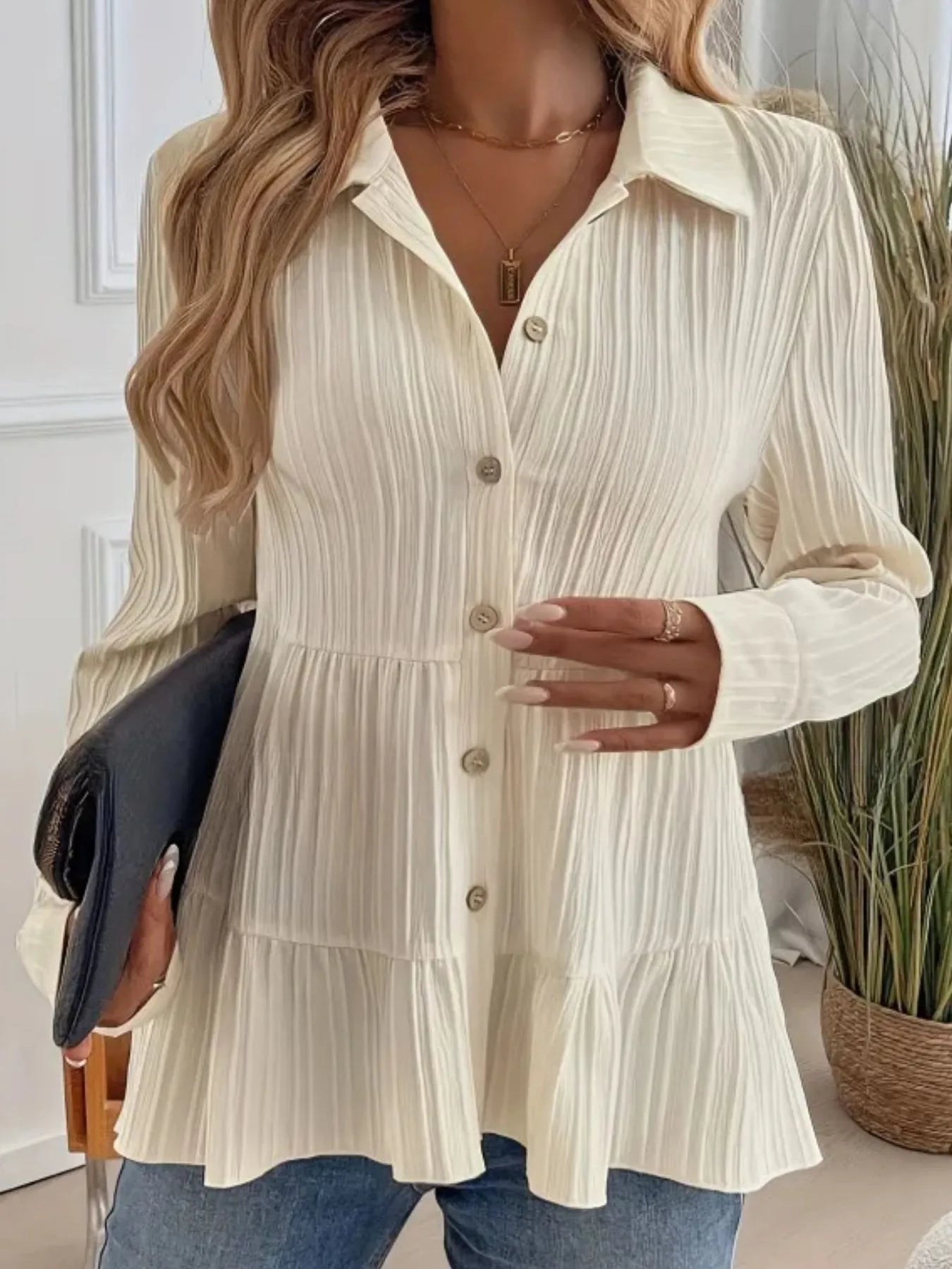 Striped Button-Down Tiered Shirt -  Be Bliss Boutique