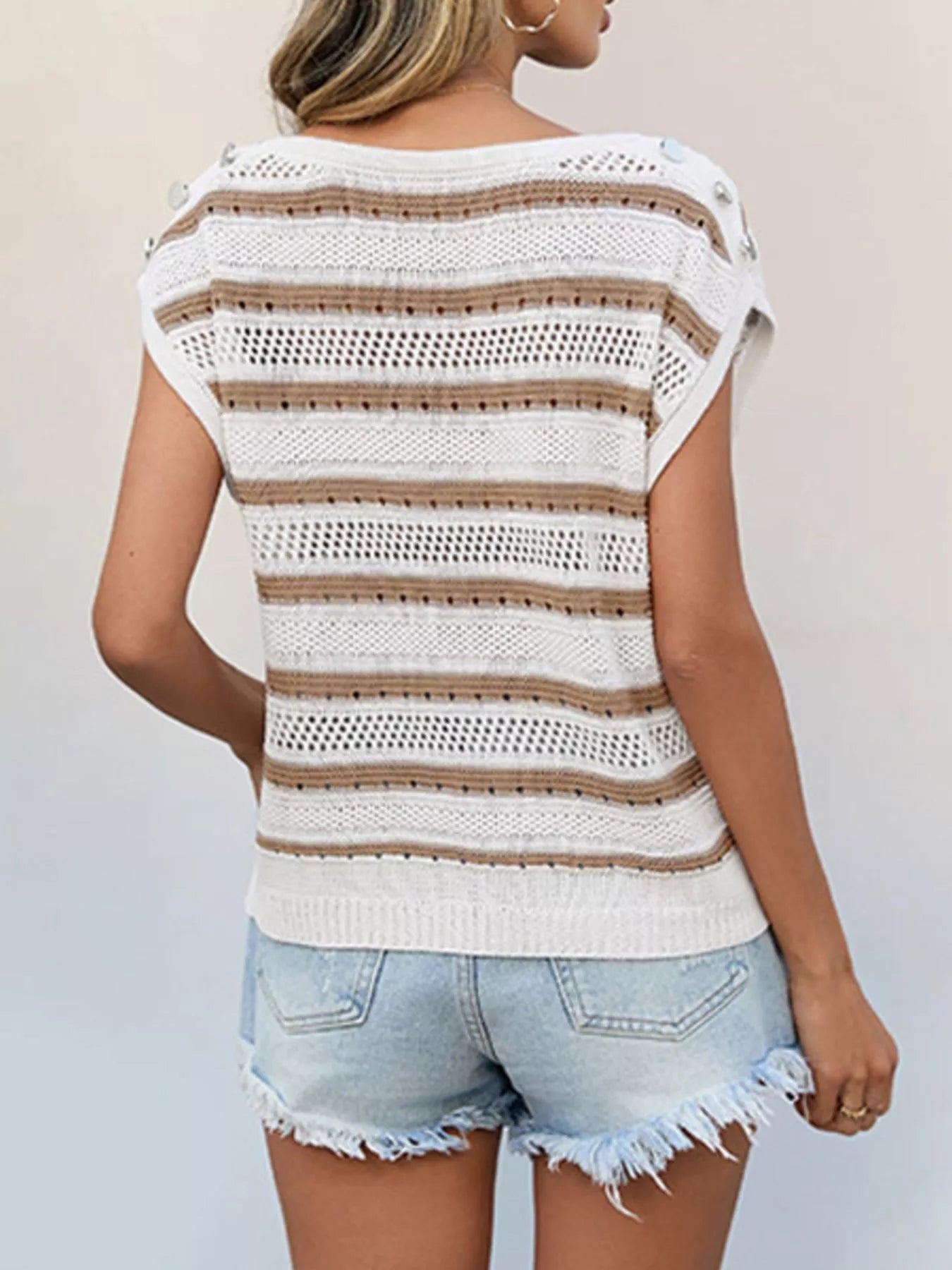 Openwork Round Neck Cap Sleeve Knit Top - Be Bliss Boutique