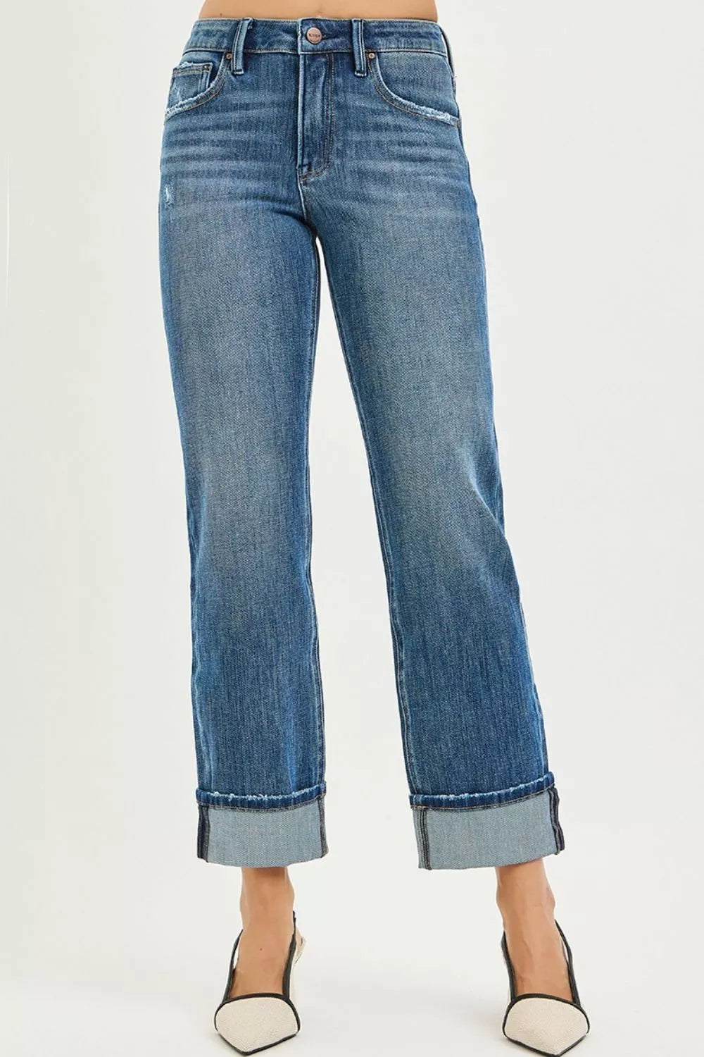 RISEN Jeans - Full Size 4 Way Stretch Slouchy Straight Jeans with Cuffed Hem Plus | Be Bliss Boutique
