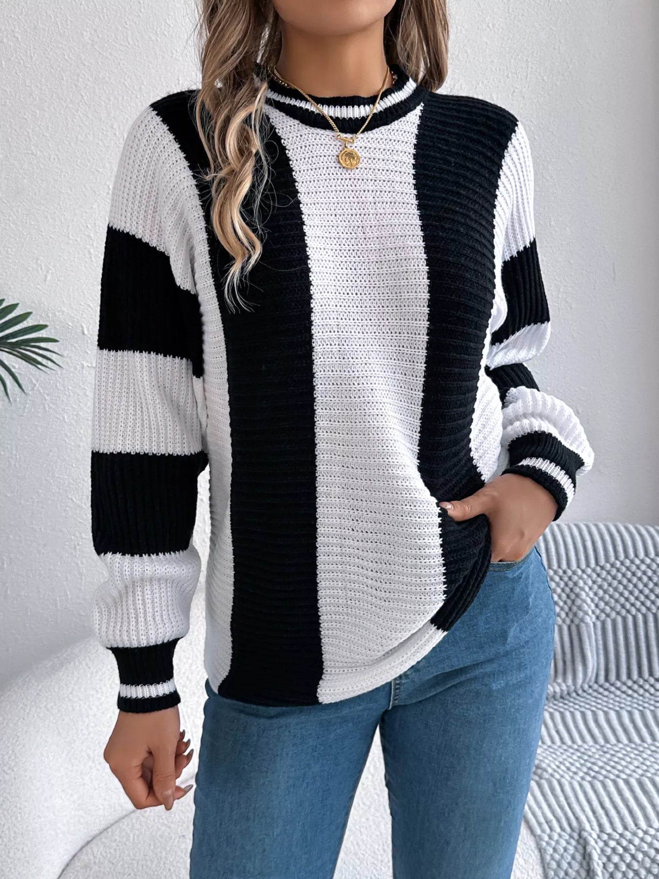 Color Block Round Neck Sweater - Be Bliss Boutique