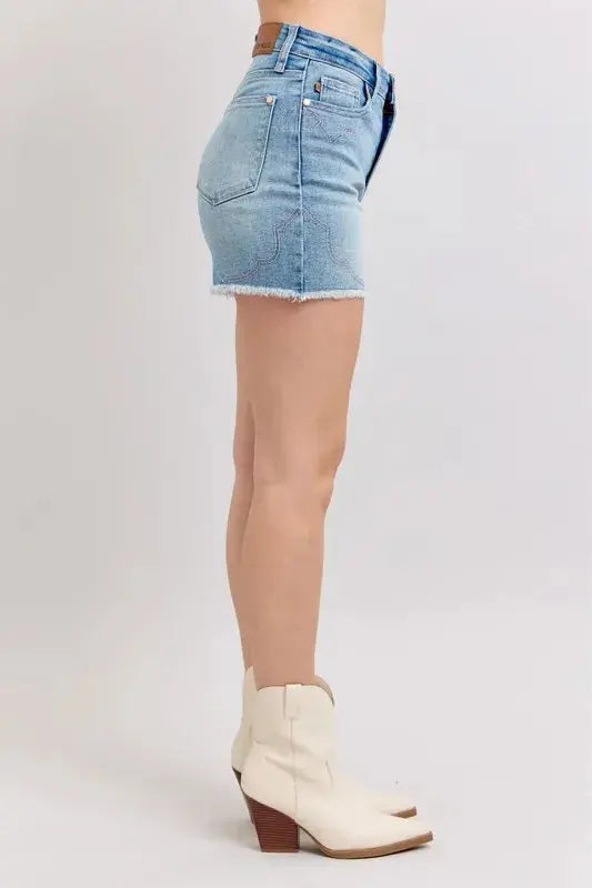 Judy Blue Full Size/Plus Size High Waist Western Embroidery Detail Cut Off Denim Shorts | Be Bliss Boutique
