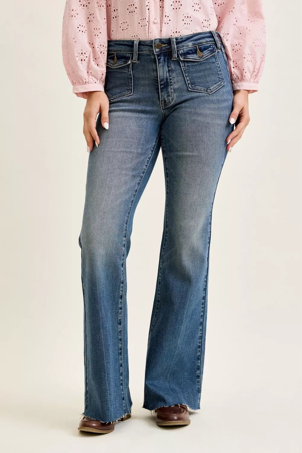 Judy Blue Mid Rise Flare Jeans with Front Flap Pockets - Be Bliss Boutique