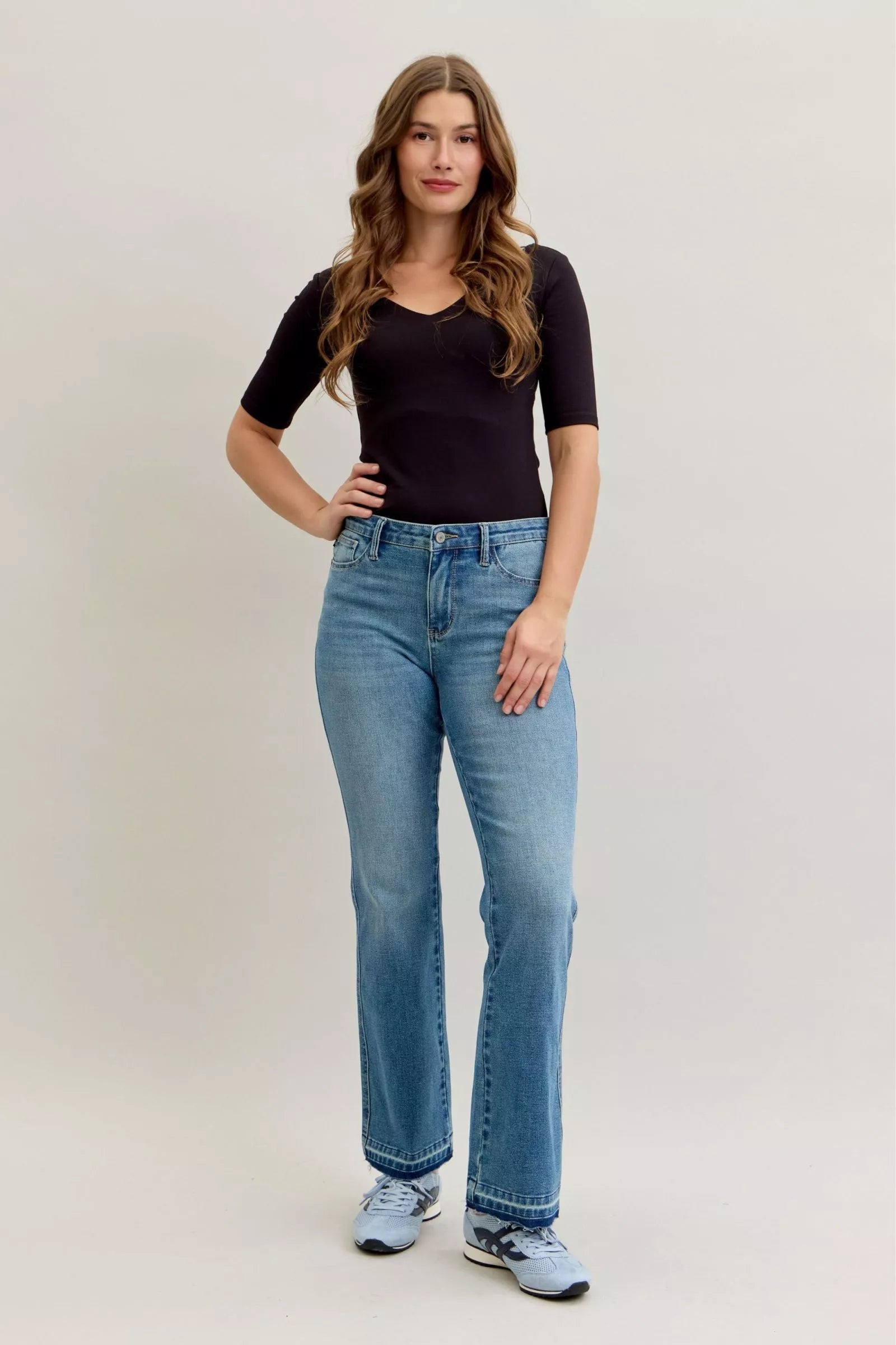 Judy Blue Full Size Mid Rise Slim Bootcut Tummy Control Release Hem Jeans Plus Size - Be Bliss Boutique