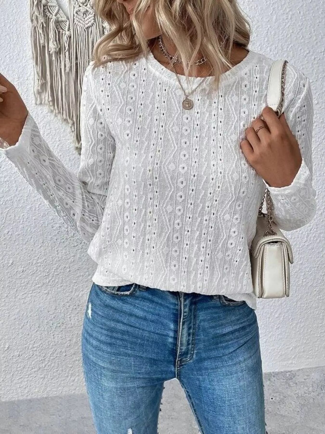 Full Size Eyelet Round Neck Long Sleeve Blouse Plus Size -  Be Bliss Boutique