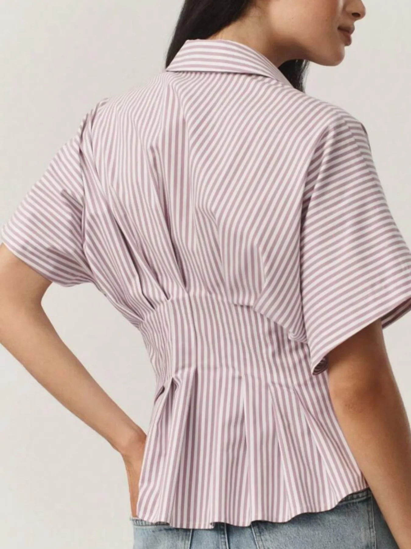 Pinstripe Puff Sleeve Cinched Waist Button Up Shirt -  Be Bliss Boutique