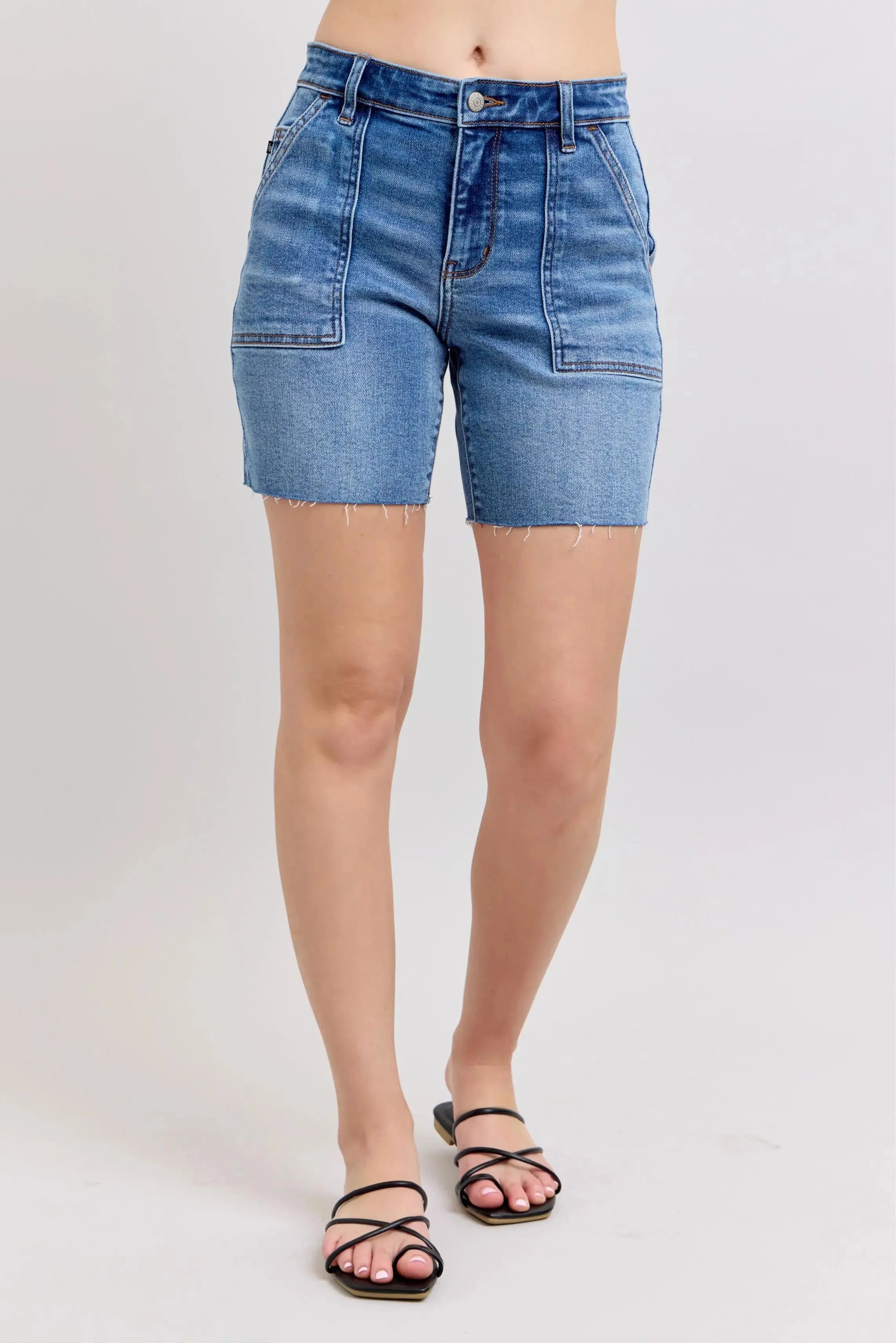 Judy Blue Full Size Mid Rise Bermudas Denim Shorts W/ Back Flap Pockets Plus Size |  Be Bliss Boutique
