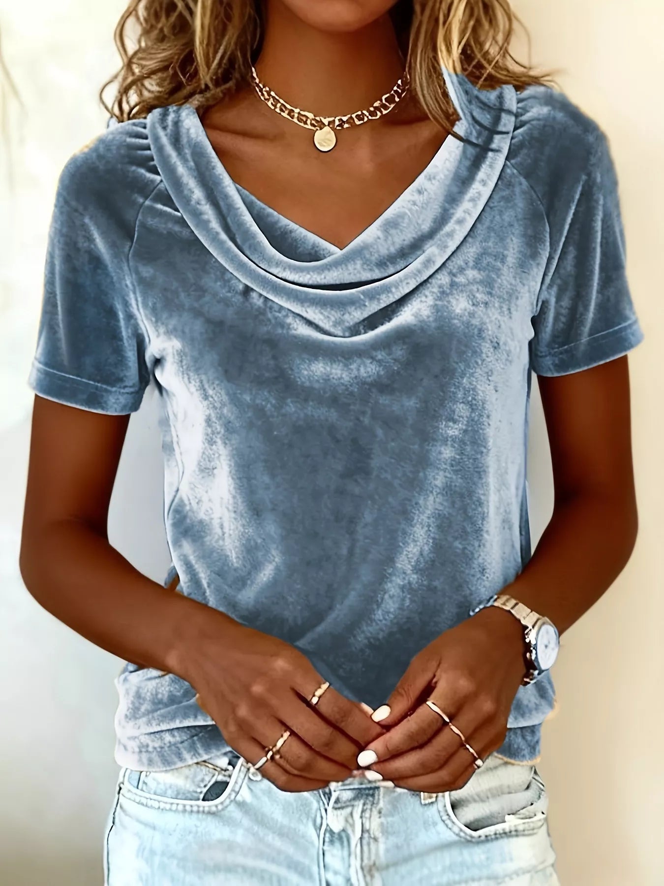 Velvet Cowl Neck Short Sleeve Top - Be Bliss Boutique