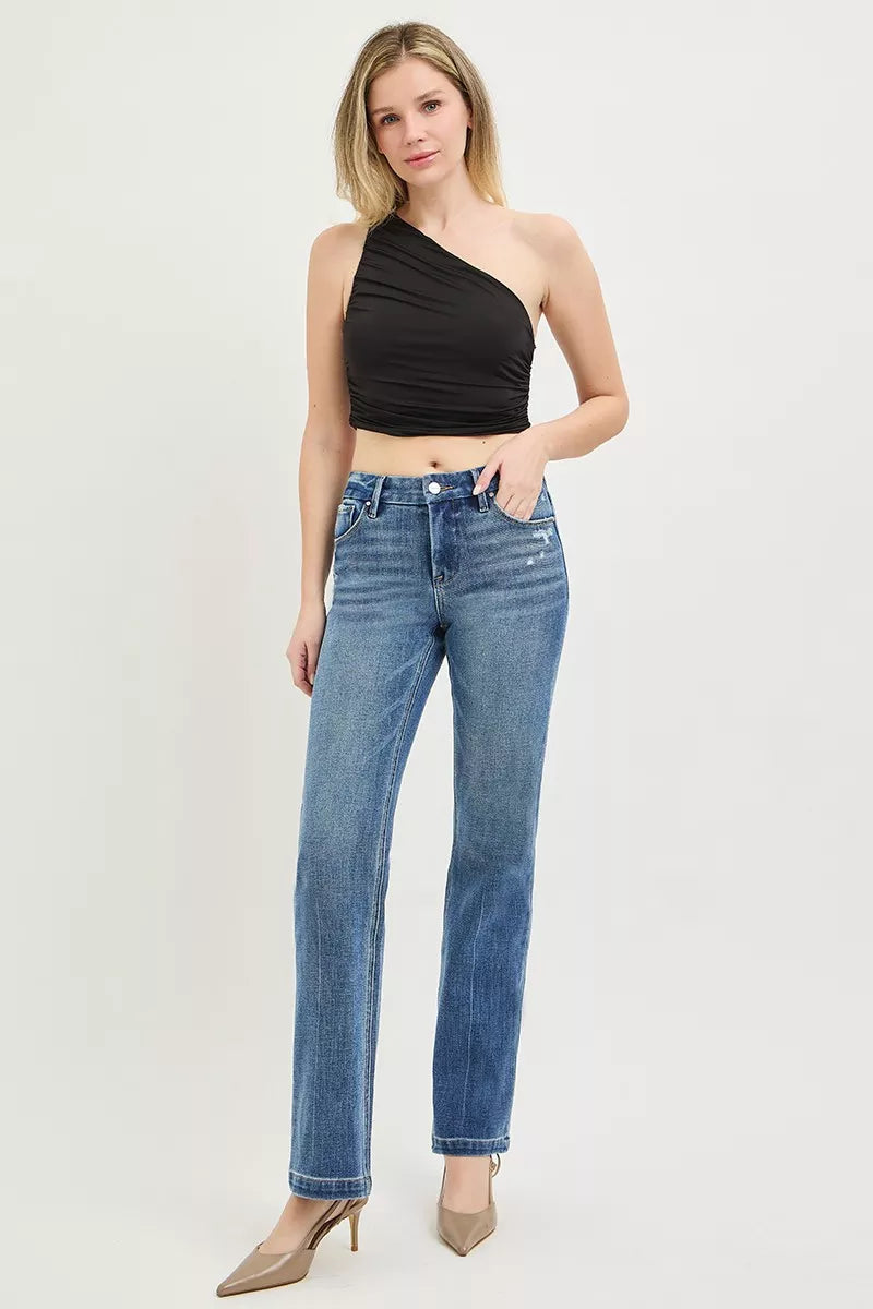 RISEN Tummy Control 4-Way Stretch Mid Rise Straight Jeans with Crease Line Detailing - Be Bliss Boutique