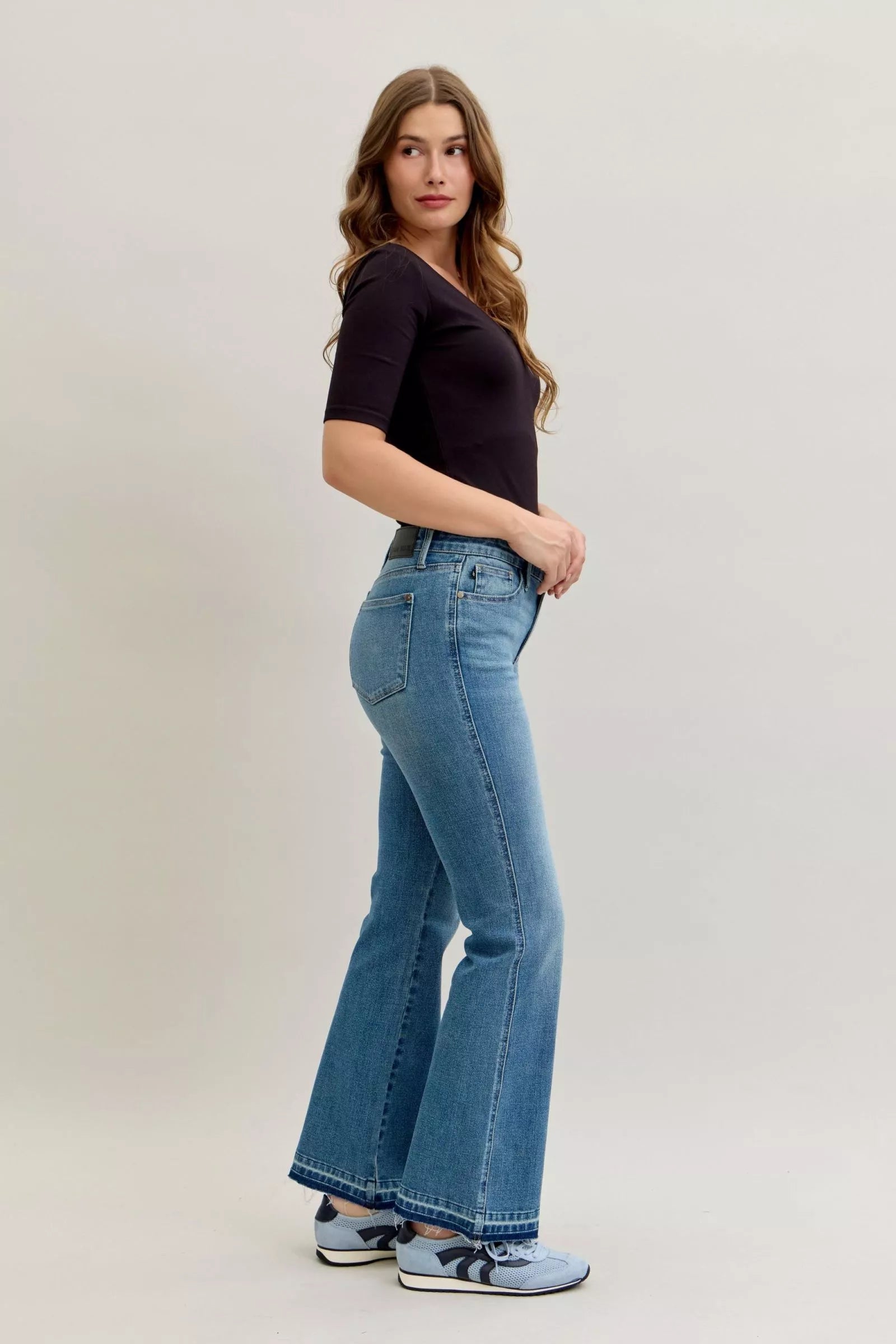 Judy Blue Jeans - Full Size Mid Rise Slim Bootcut Tummy Control Release Hem Jeans - Be Bliss Boutique
