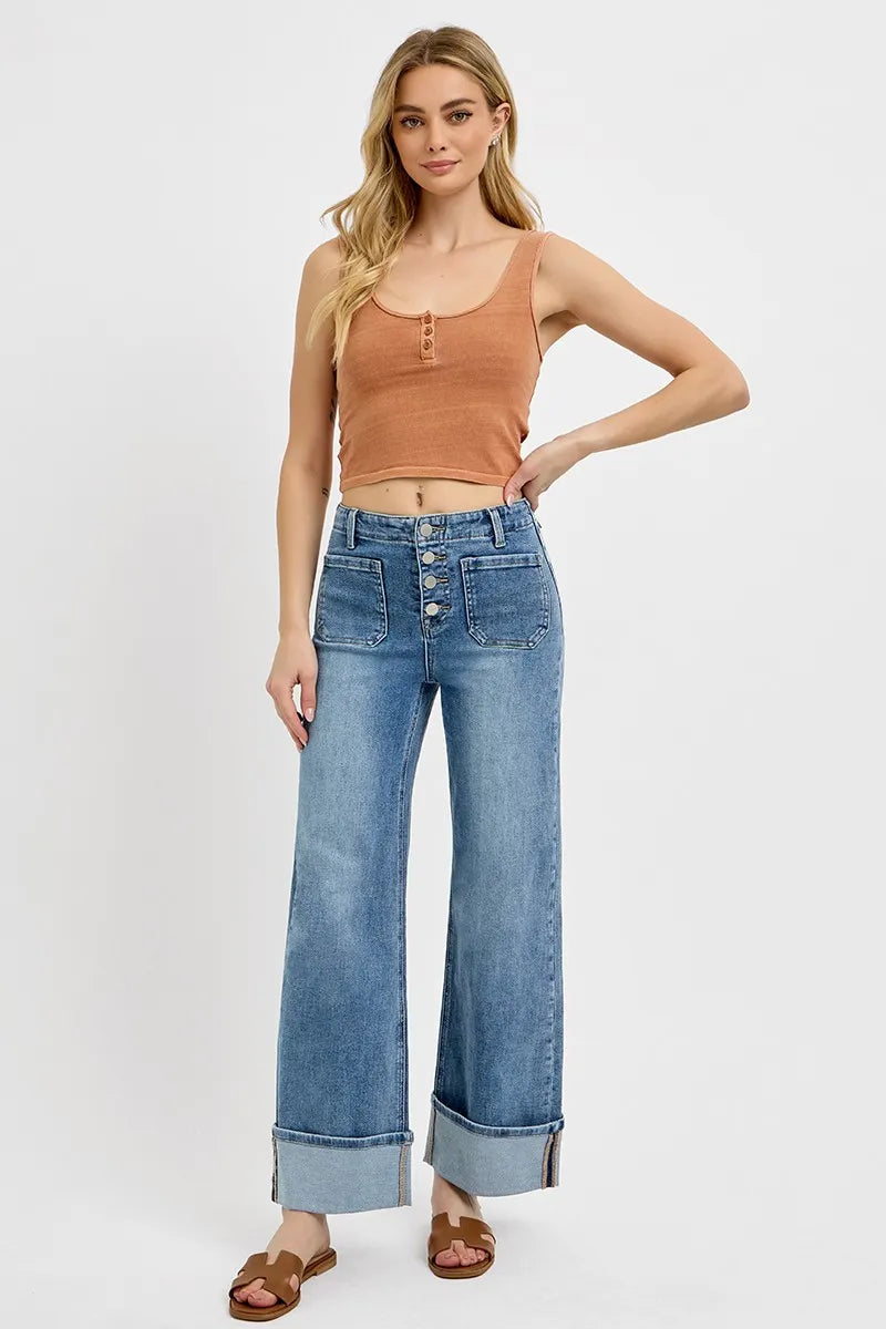 RISEN High Rise Ankle Wide Button Patch Pocket Cuffed Jeans -  Be Bliss Boutique
