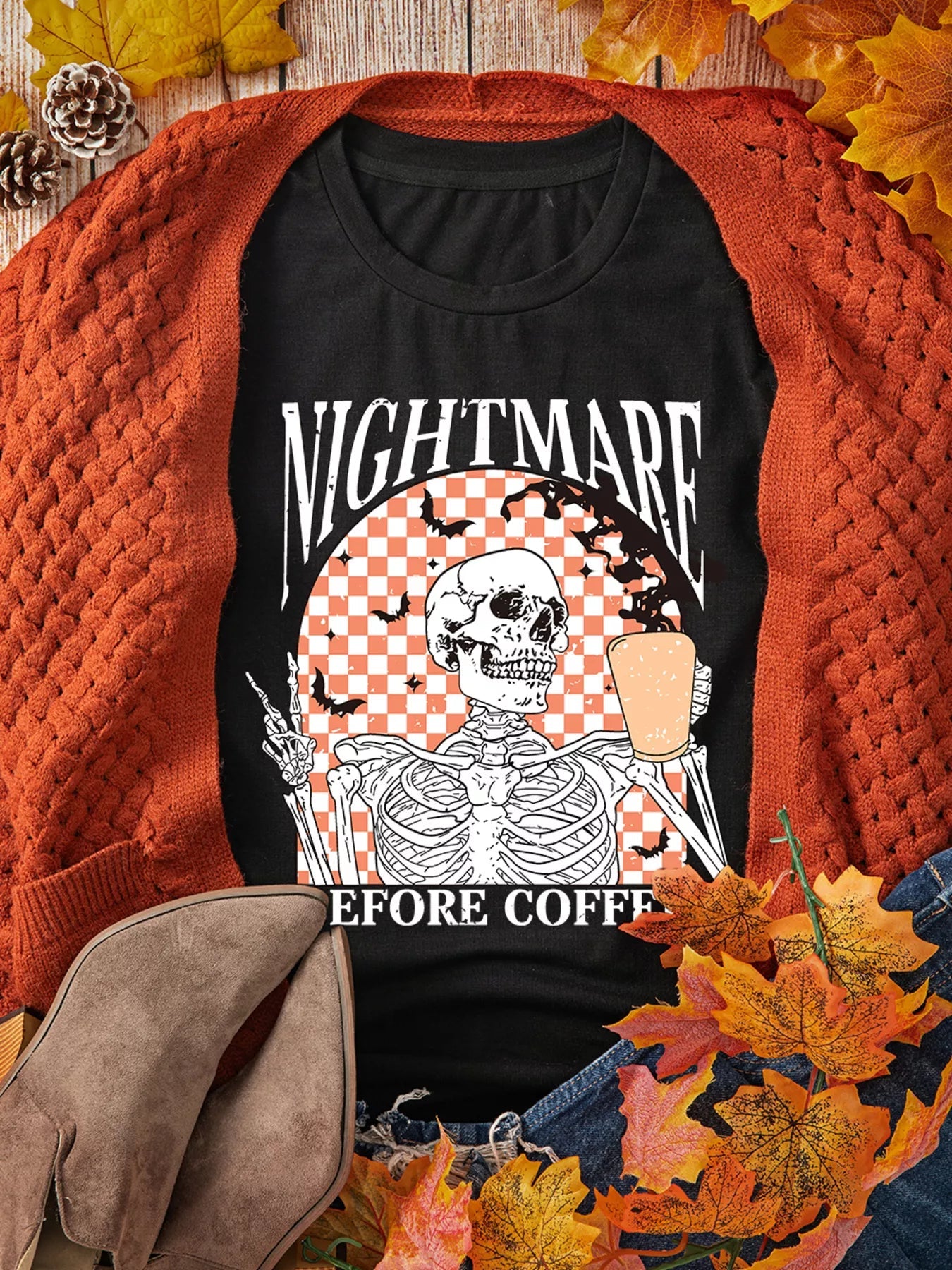 Halloween Skull Checkerboard Graphic Round Neck Tee -  Be Bliss Boutique