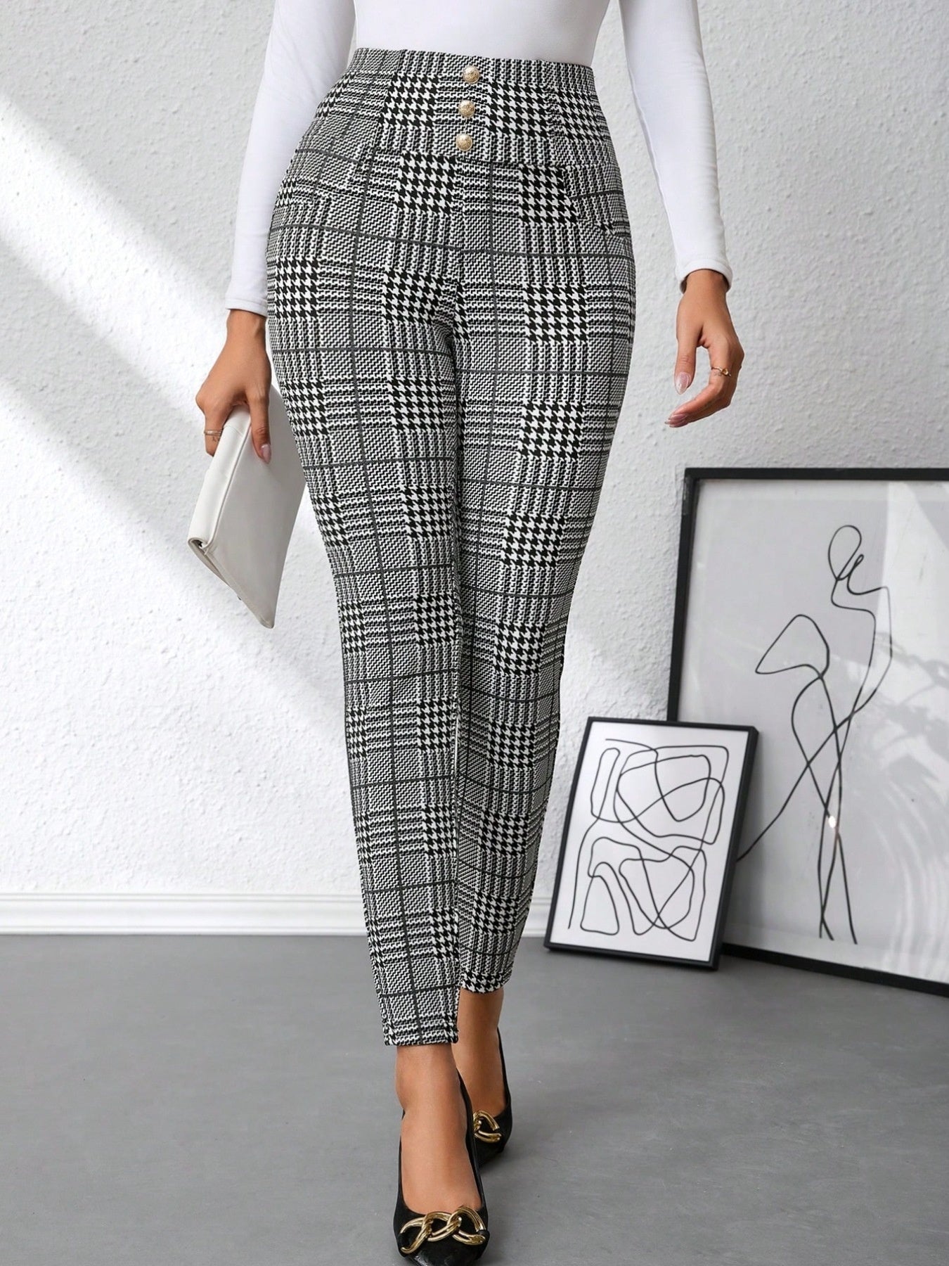 High Waist Plaid Slim Fit Pants - Be Bliss Boutique