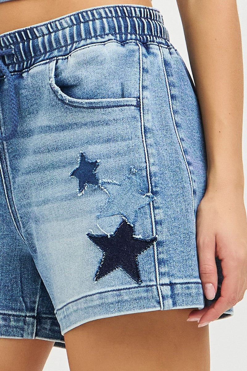 RISEN Star Patch Elastic Waist Denim Shorts - Be Bliss Boutique
