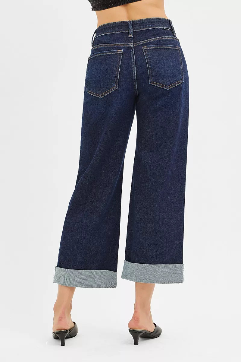 RISEN Mid Rise Fit Ankle Wide Roll Up Jeans - Be Bliss Boutique