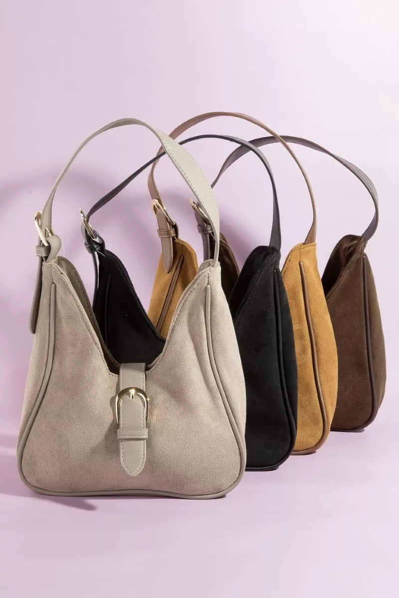 Fame Buckle Accent Faux Suede Hand Bag - Be Bliss Boutique