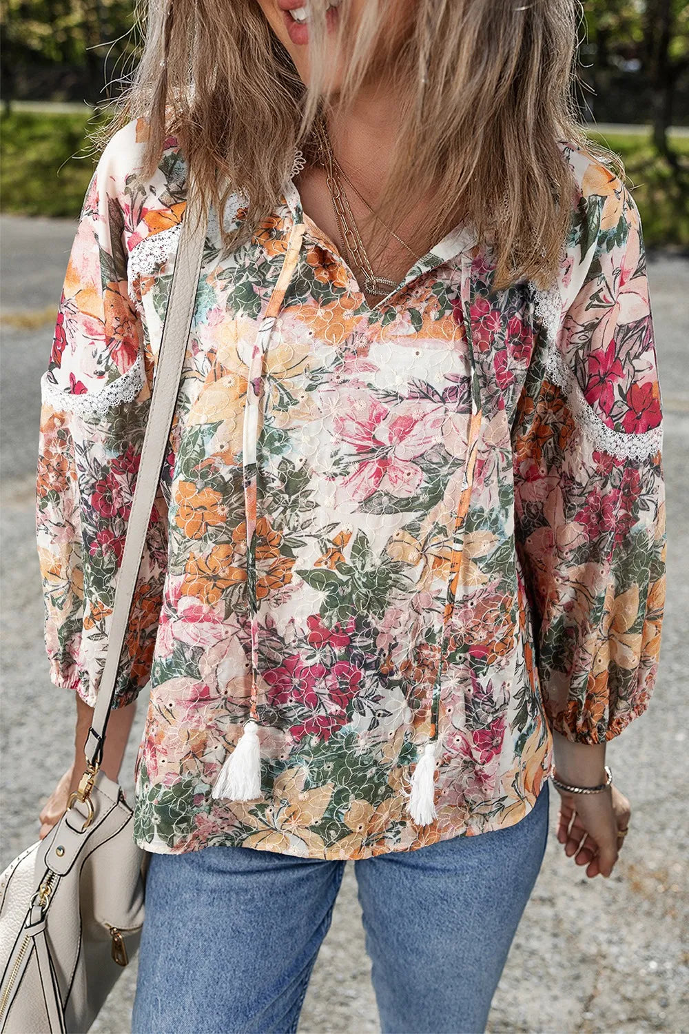 Floral Tie Neck Boho Blouse -  Be Bliss Boutique