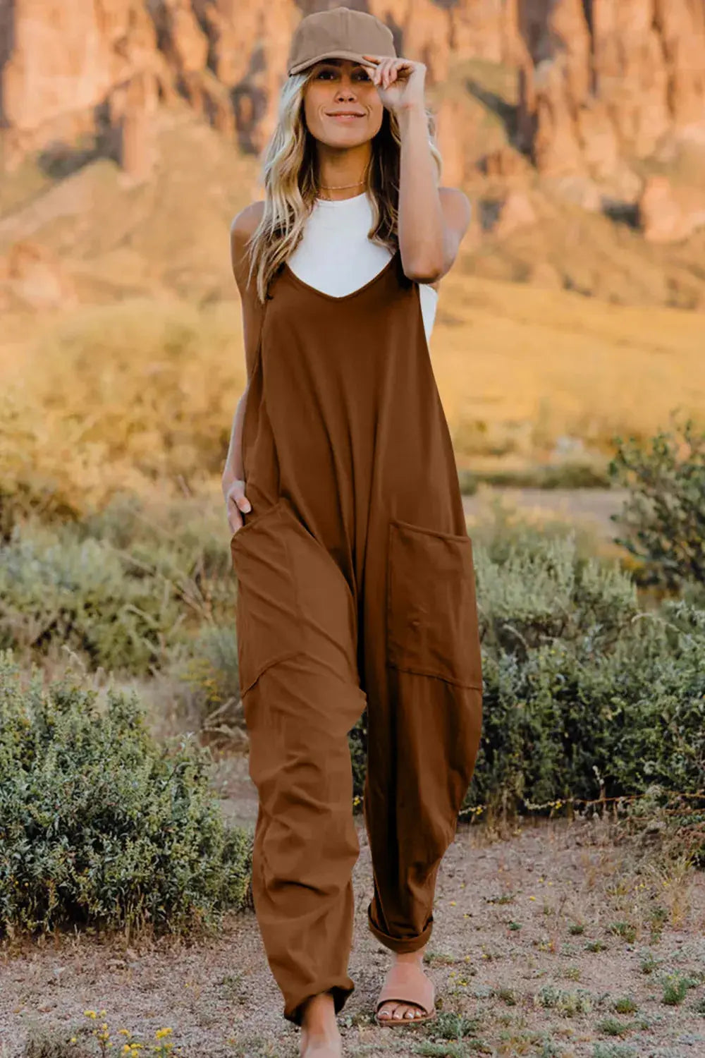 Double Take Full Size V-Neck Sleeveless Jumpsuit with Pocket