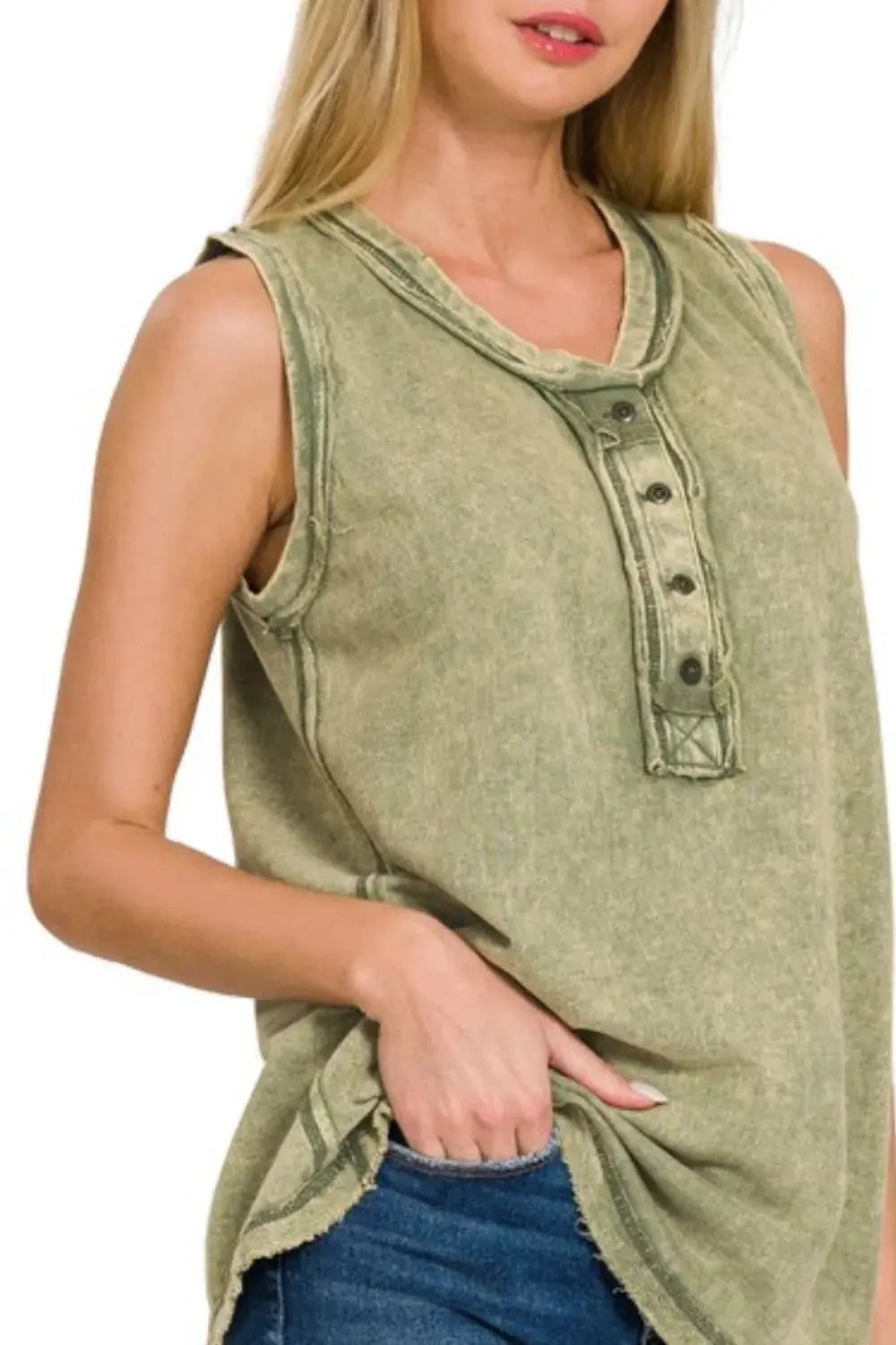 Zenana Washed Half-button Raw Edge Sleeveless Henley Tank Top |  Be Bliss Boutique