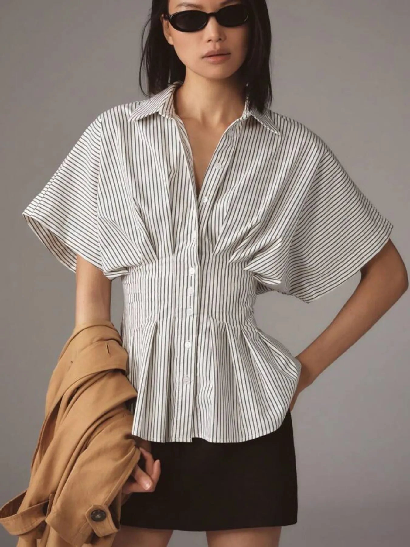 Pinstripe Puff Sleeve Cinched Waist Button Up Shirt -  Be Bliss Boutique