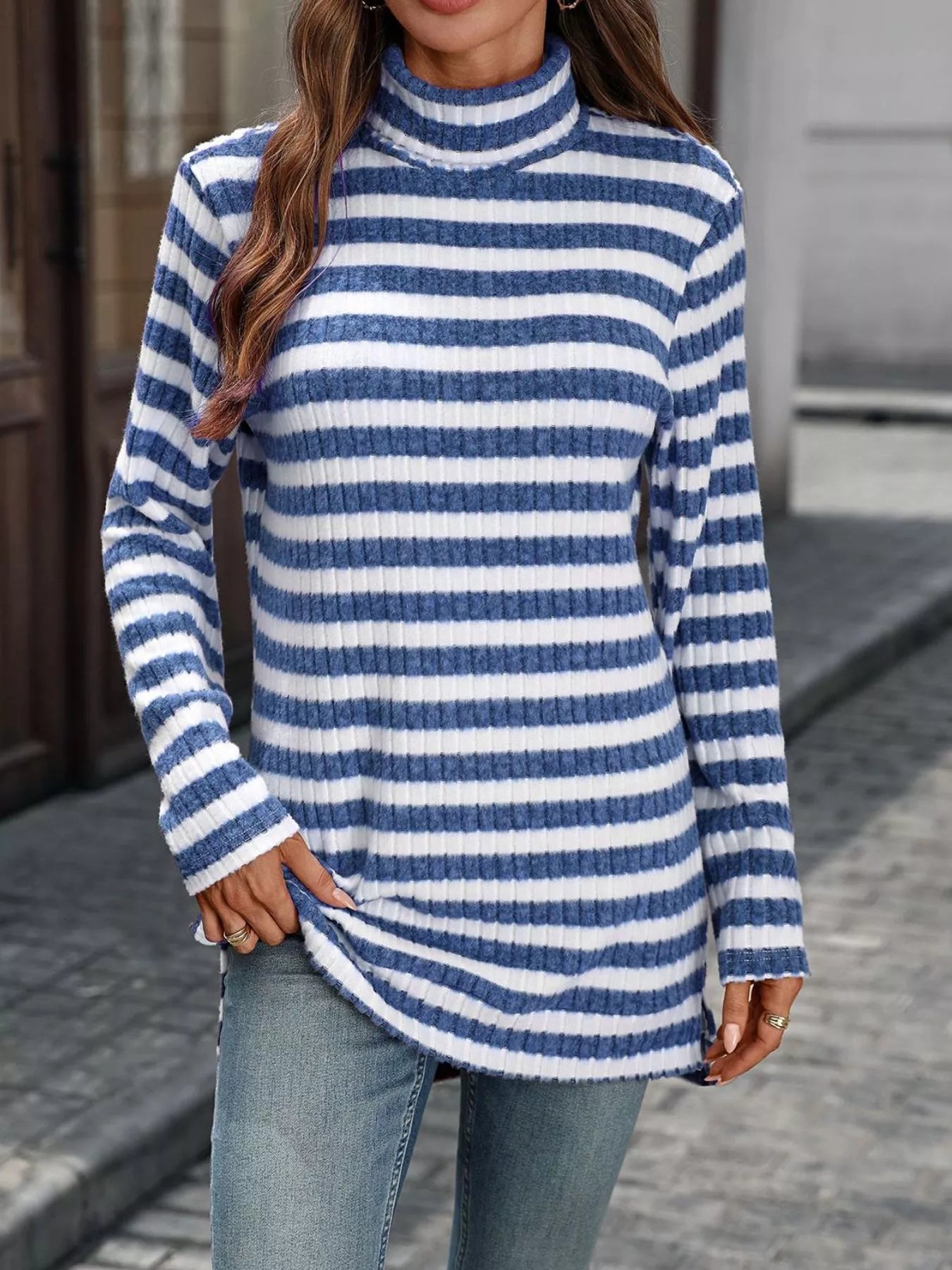 Striped Turtleneck Long Sleeve Knit Top - Be Bliss Boutique