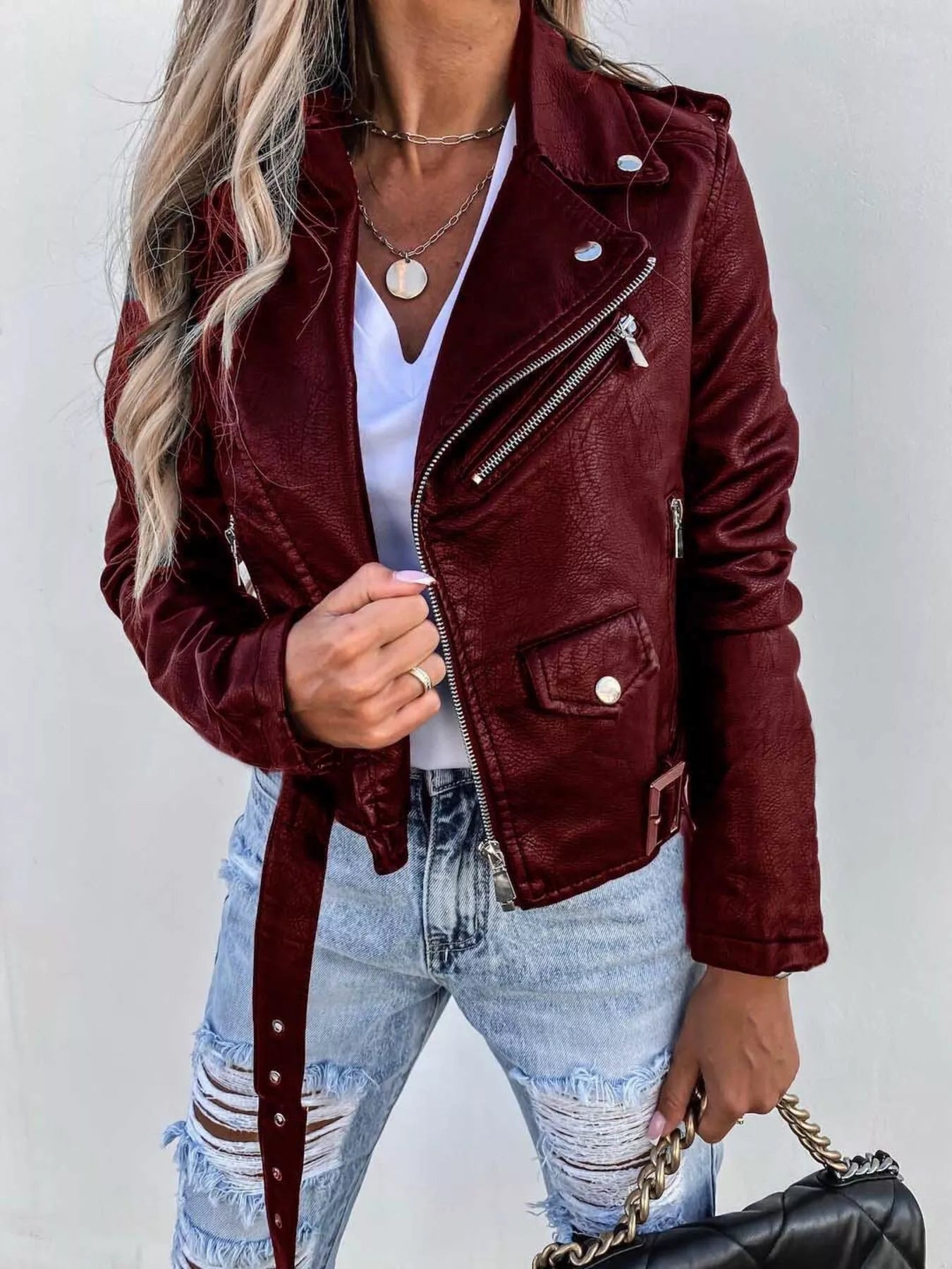 Full Size Zip Up Leather Motorcycle Biker Jacket Plus Size -  Be Bliss Boutique