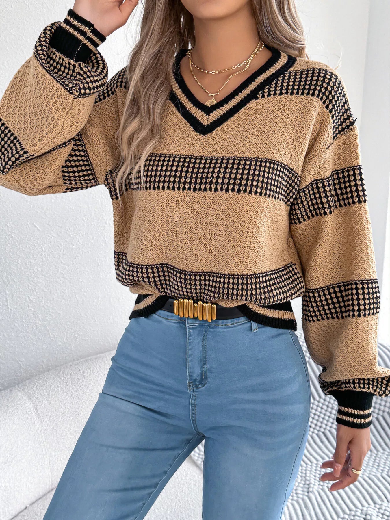 Contrast Striped V-Neck Sweater - Be Bliss Boutique