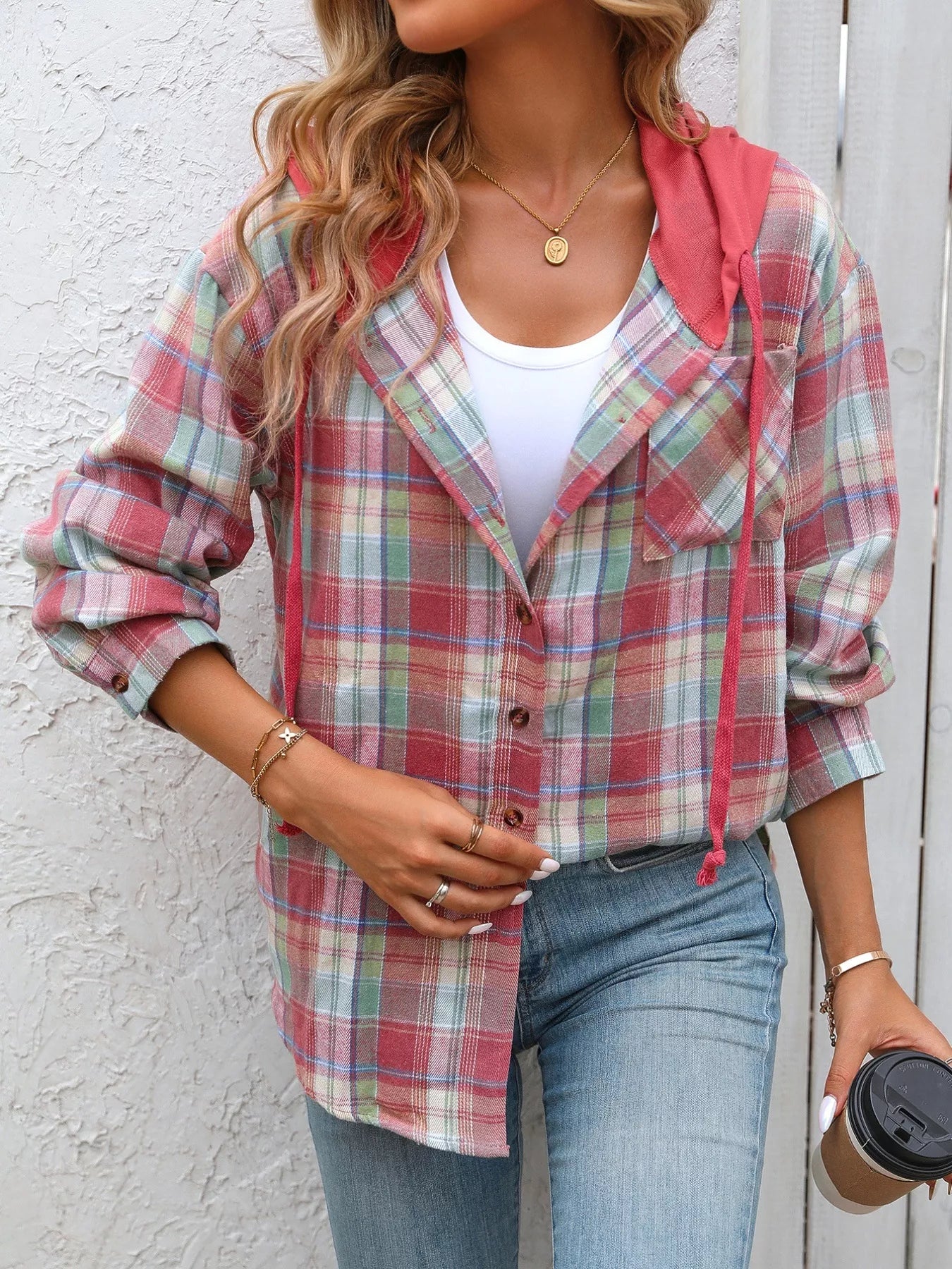 Plaid Button-Up Hooded Shirt with Chest Pocket - Be Bliss Boutique