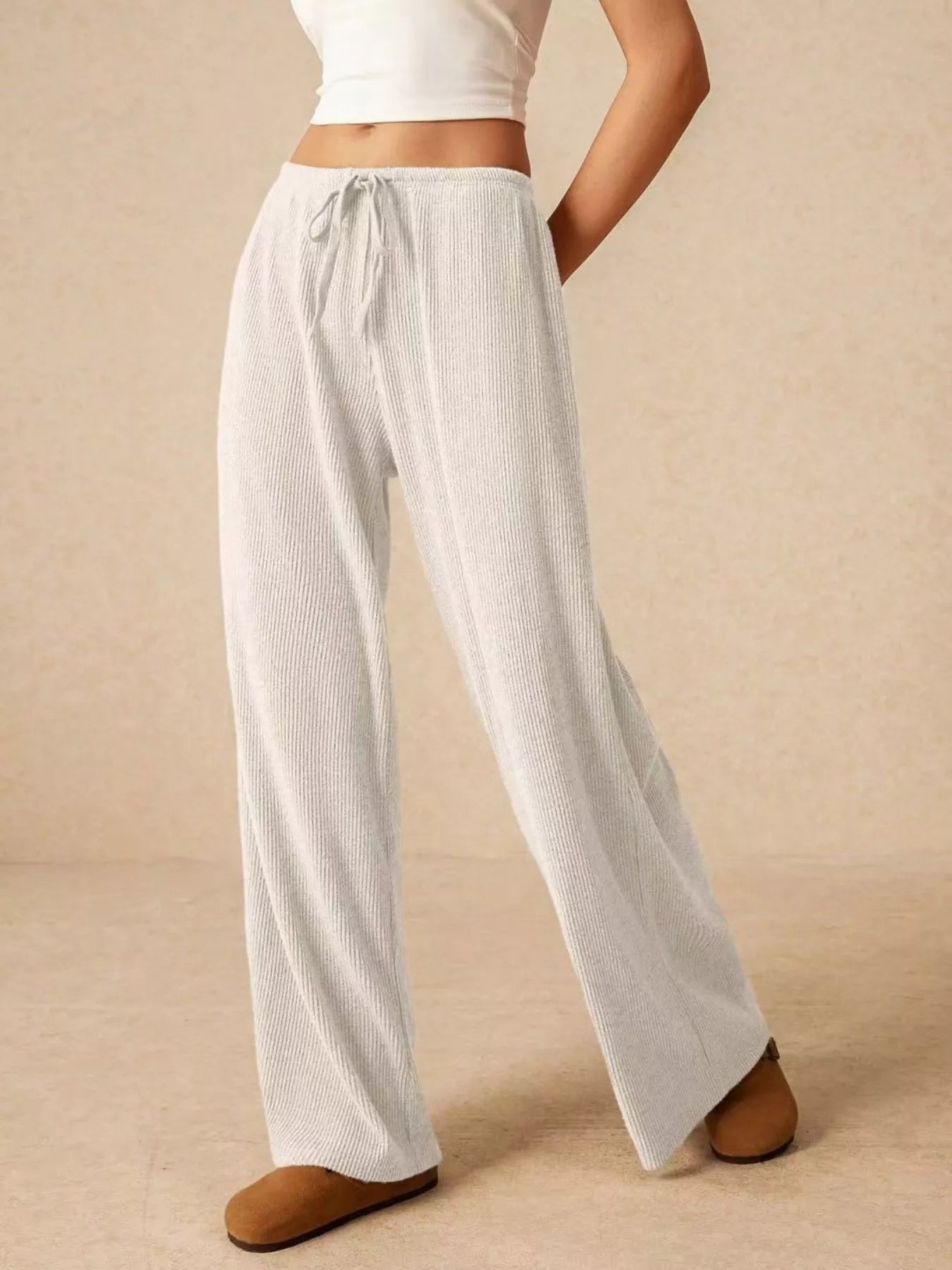 Ribbed Drawstring Wide Leg Pants - Be Bliss Boutique
