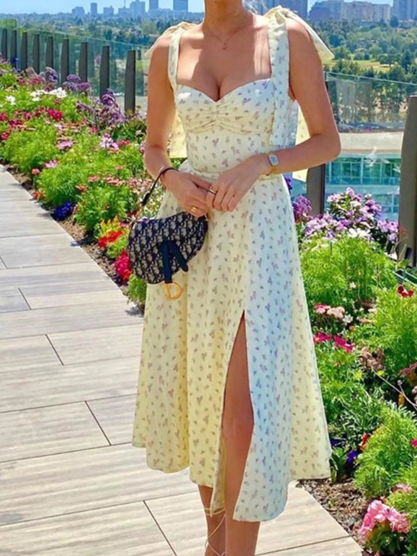 Floral Print Tie Shoulder Midi Dress with Slit - Be Bliss Boutique