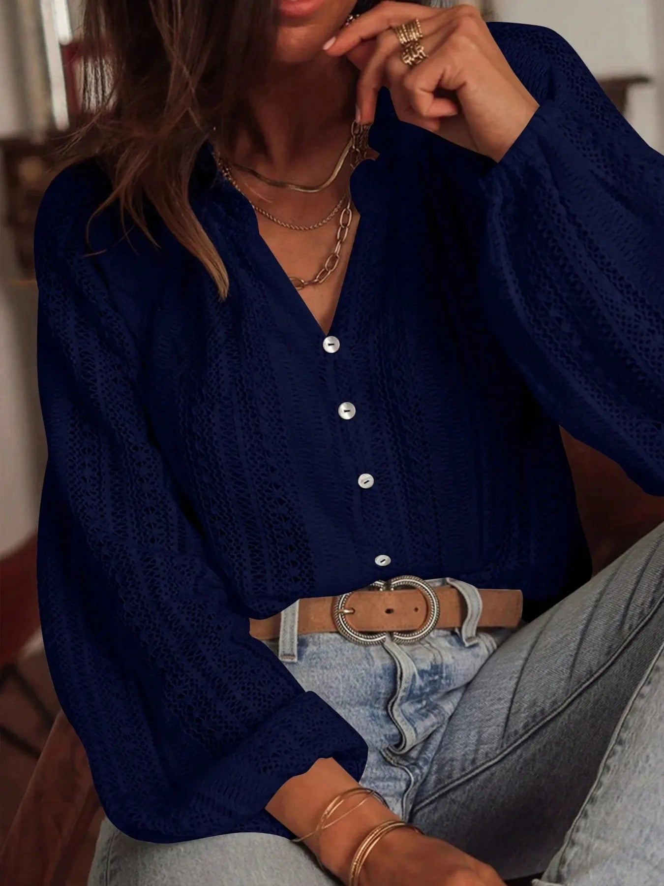 Crochet Notched Button-Front Shirt -  Be Bliss Boutique