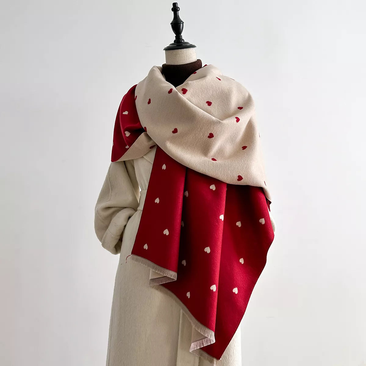 Heart-Patterned Raw Hem Winter Womens Scarf - Be Bliss Boutique