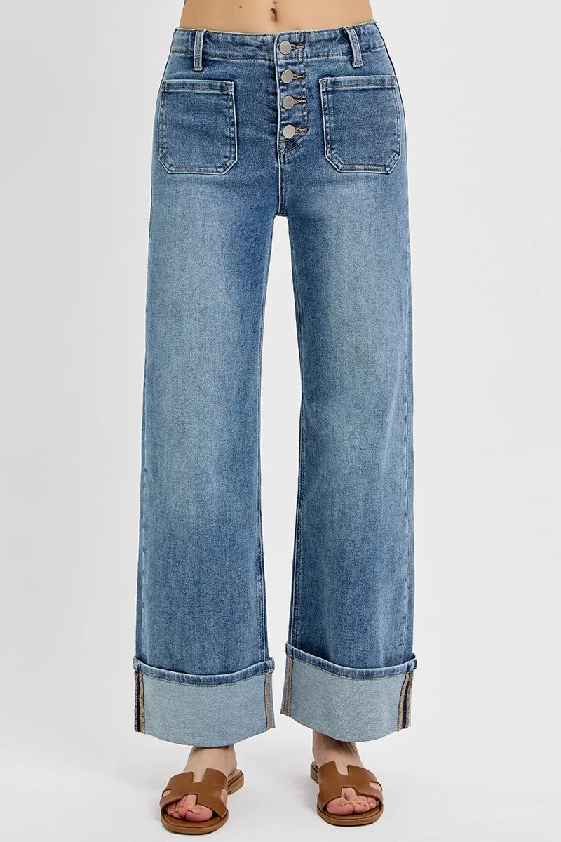 RISEN High Rise Ankle Wide Button Patch Pocket Cuffed Jeans -  Be Bliss Boutique