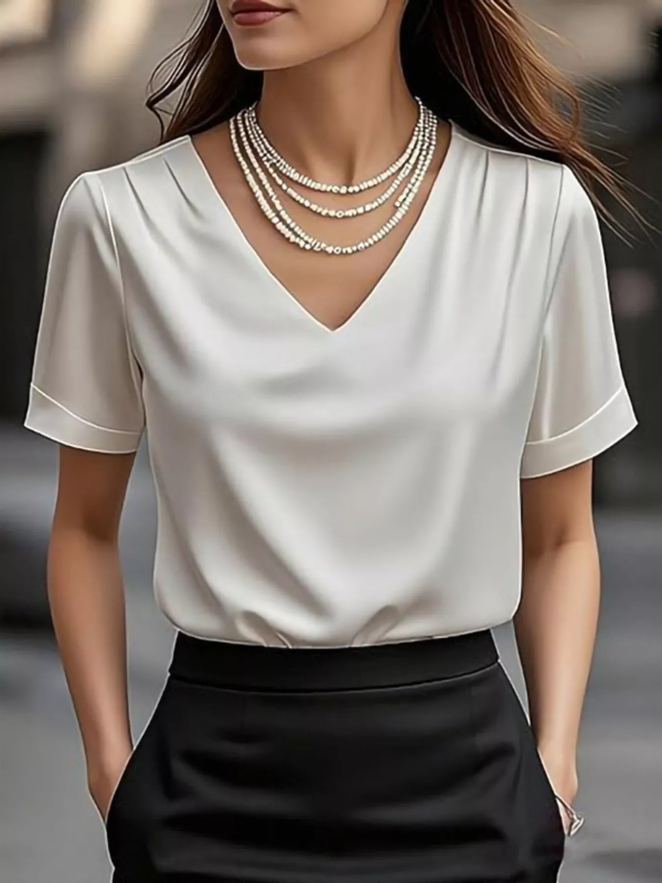 V-Neck Short Sleeve Satin Blouse - Be Bliss Boutique