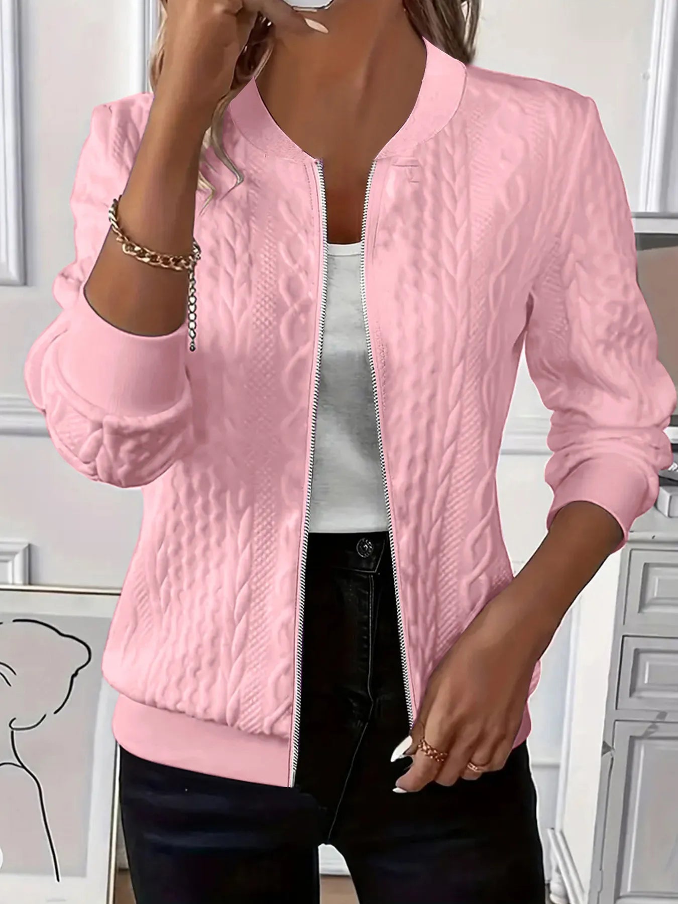 Texture Zip Up Long Sleeve Jacket -  Be Bliss Boutique
