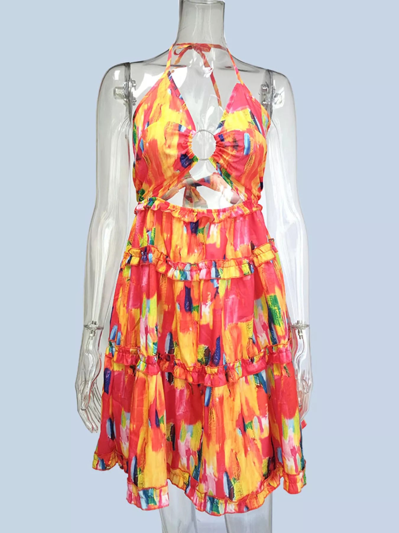 Colorful Print Halter Neck Ruffle Mini Dress - Be Bliss Boutique