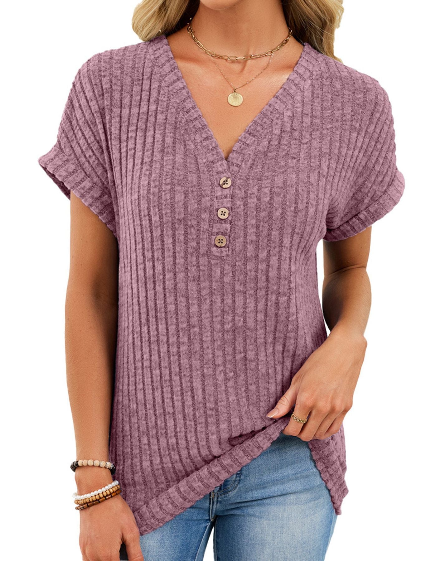 V Neck Ribbed Knit T Shirt - Be Bliss Boutique