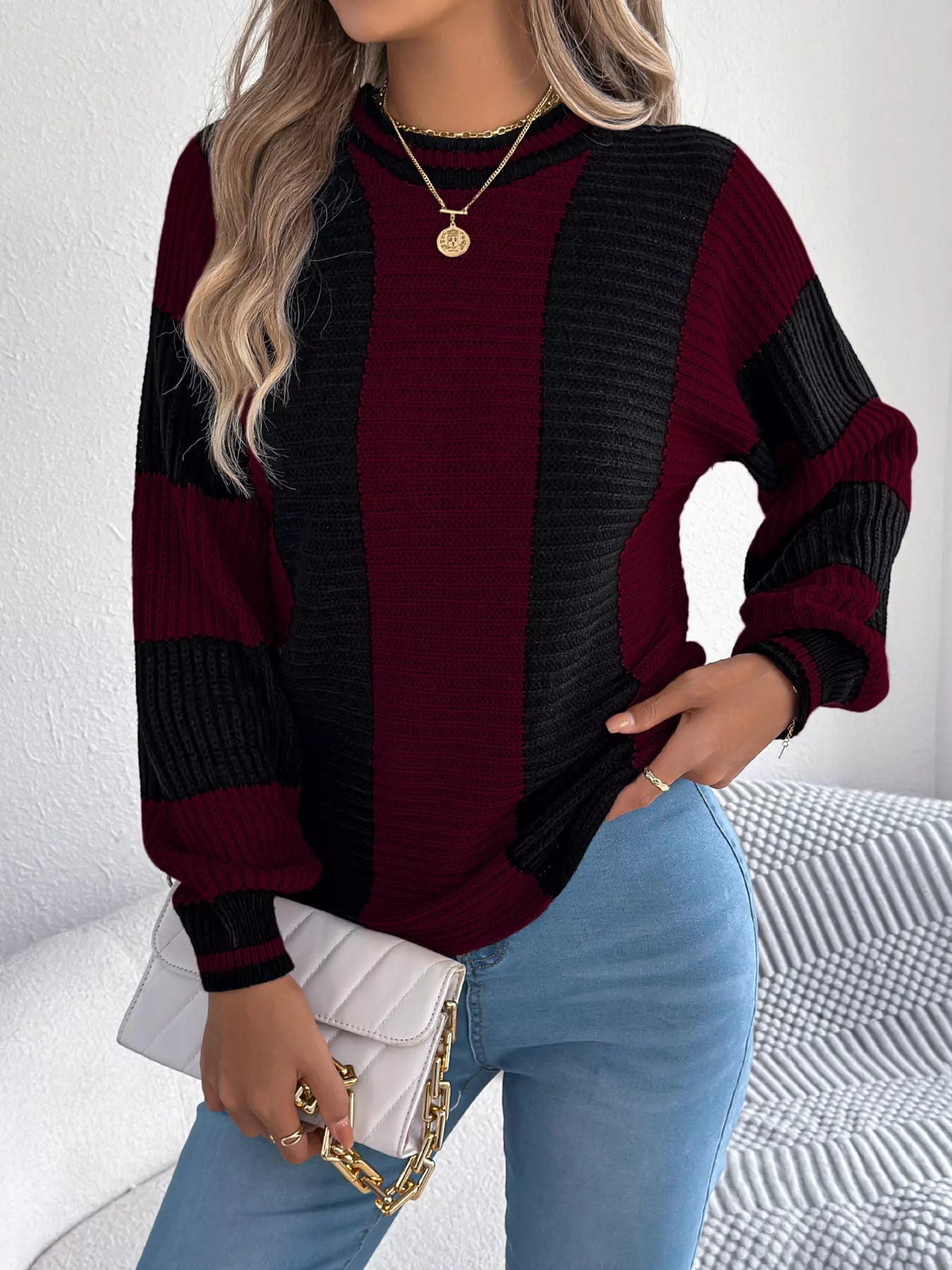 Color Block Round Neck Sweater - Be Bliss Boutique