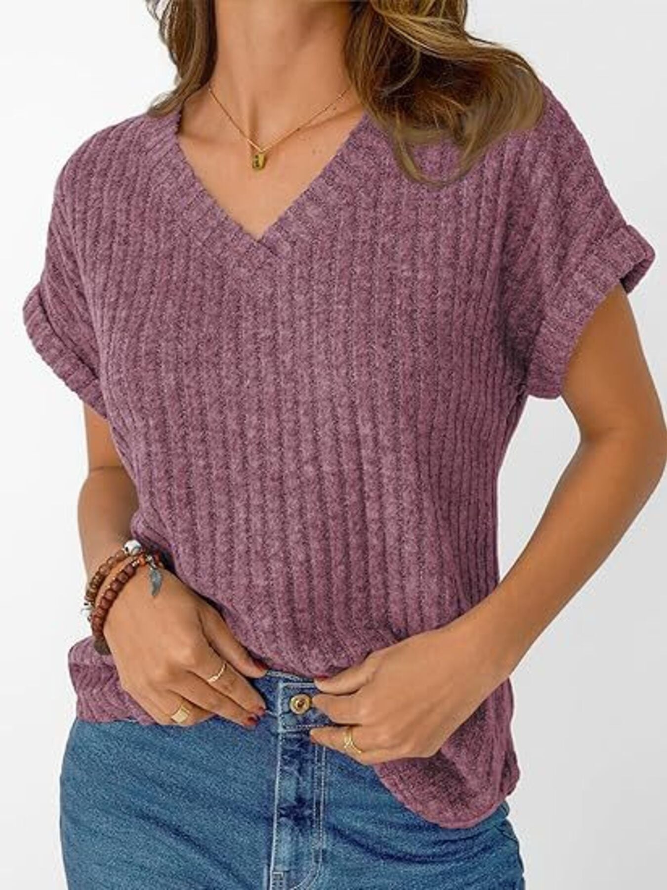 Ribbed Knit V Neck Relaxed Fit T Shirt - Be Bliss Boutique