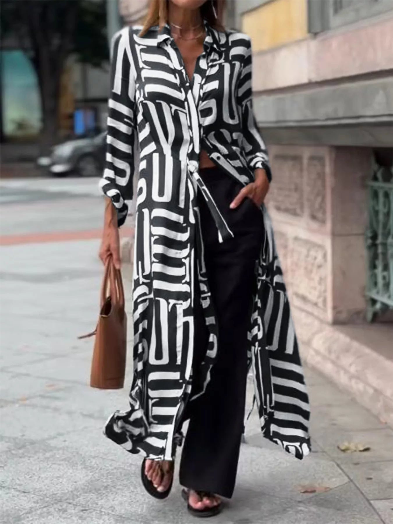 Abstract Geometric Printed Button Front Longline Shirt - Be Bliss Boutique