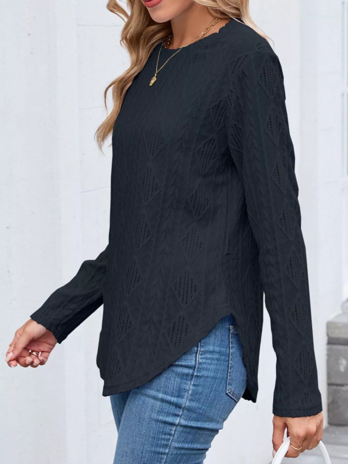 Openwork Textured Long Sleeve Top - Be Bliss Boutique